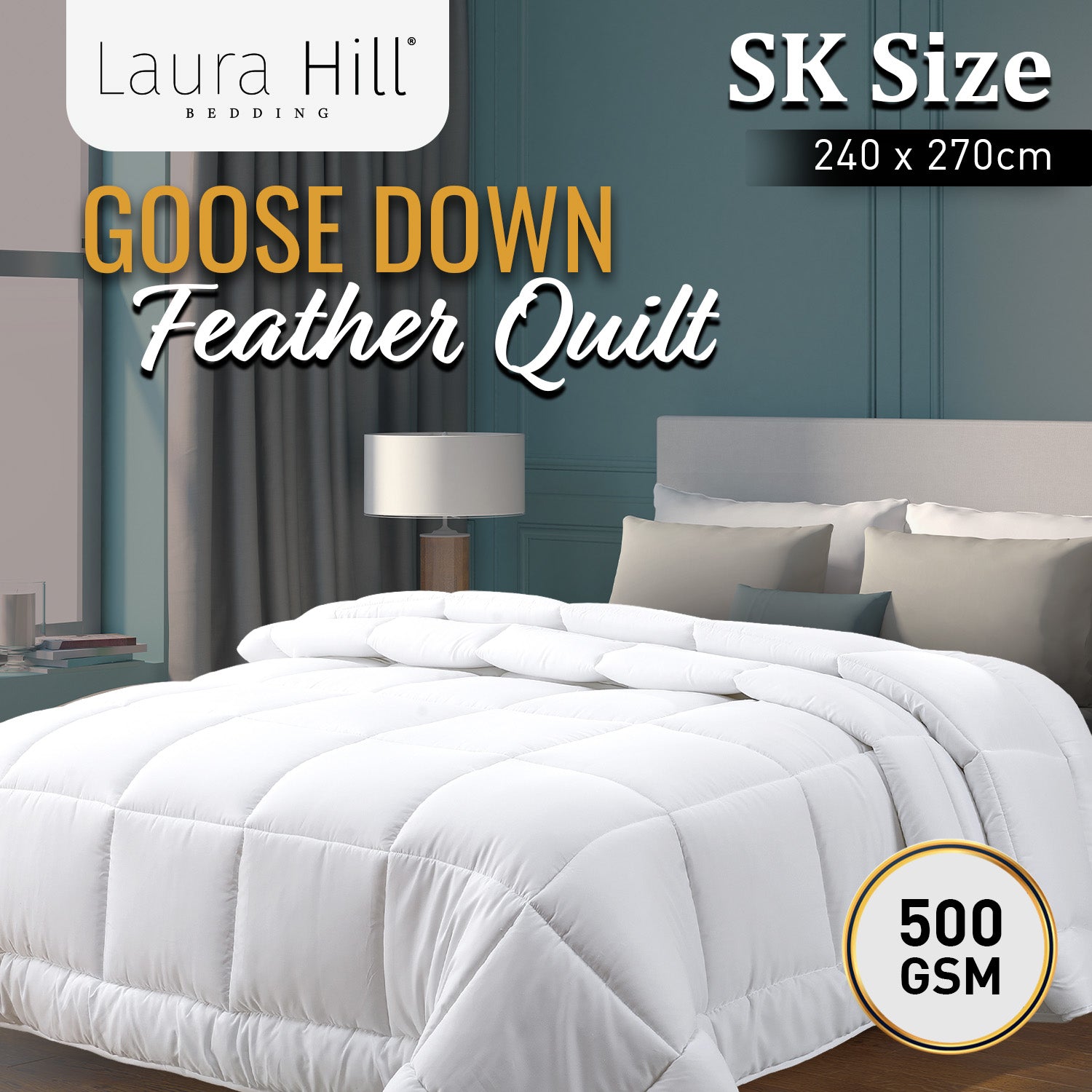 Laura Hill 500GSM Goose Down Feather Comforter in super king size, featuring a luxurious cotton cover and plush goose down filling.